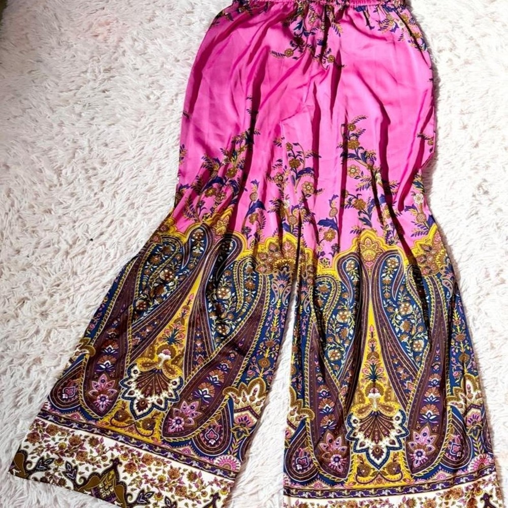 Boho Wide Leg Indie Paisley Floral Hippie Statement Silky Pants Womens S Whimsy